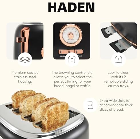 Haden Dorset 4 Slice Wide Slot Stainless Steel Toaster, Black & Copper - Image 3