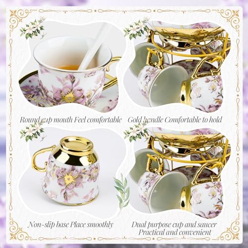 20 Pcs Porcelain Tea Set with Metal Holder,European Ceramic Tea Set - Image 5