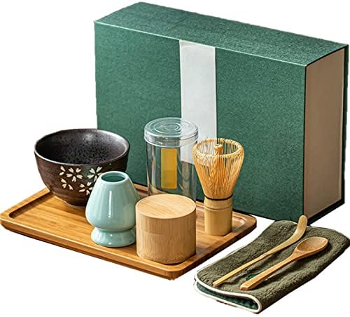 Matcha Whisk Set, Japanese Matcha Tea Set, Matcha Bowl, Bamboo Matcha Whisk, Scoop, Matcha Whisk Holder, Tea Powder Can, Bamboo Tray, Handmade Matcha Ceremony Kit (8 Pcs) (A) by Unknown
