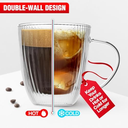Jayour Fluted Double-Wall Glass Coffee Mugs | 15oz Latte & Cappuccino Mugs | Modern Ribbed Design - Set of 4 - Image 3