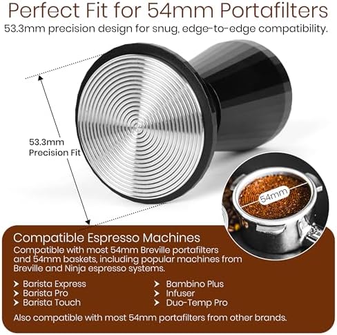Calibrated Espresso Tamper with 30lb Click Feedback | 3 Interchangeable Bases for Custom Tamping | Auto Leveling and Ergonomic Handle | Fits 54mm Breville-Compatible Portafilters - Image 4
