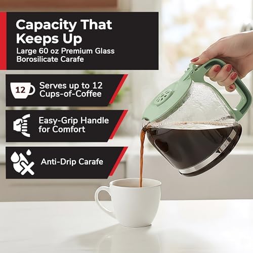 MUELLER HOME 12-Cup Drip Coffee Maker, Green, Borosilicate Carafe - Image 4