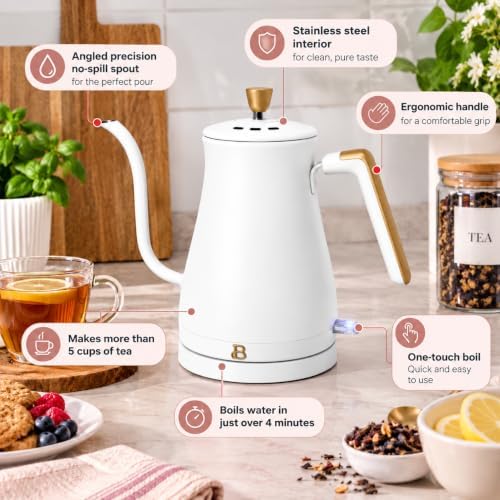 Beautiful Electric Gooseneck Kettle, 1 Liter, 1200W, Stainless Steel Interior, Fast Boil, Precision Pour Spout, Auto Shut-Off & Boil-Dry Protection (White) - Image 7