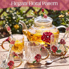 Maxdot 5 Pcs Floral Glass Tea Set, 14 oz Rose Teapot with Infuser - Image 2