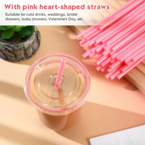 Ziliny 50 Sets 16oz Pink Plastic Cups with Heart Shaped Straws and Lids - Image 3