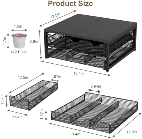 Coffee Pod Holder For Counter, 3 Pull-Out 72 K-Cup Holder Drawer, Wooden Cafe Pods Storage Organizer with Sliding Drawers for Coffee Station, Home, Kitchen, Office, Dorm (Black) - Image 3