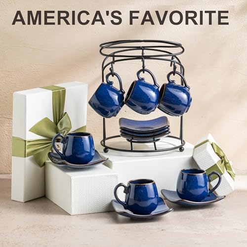 LYEOBOH 3oz Espresso Cups with Saucers, Small Coffee Cups Set of 6 with Spoons and Metal Stand, Ceramic Cute Demitasse Cups for Housewarming Wedding Gift, Cobalt Blue - Image 4