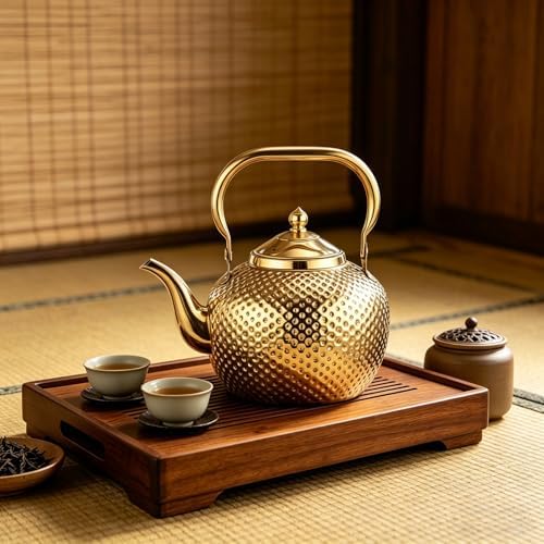 2L/67.6oz Gold Tea Kettle, Hammered Stovetop Teapot with Removable Fine Mesh Infuser, Stainless Steel Rust-proof Vintage Water Boiler for Induction/Gas, Home Office Camping Gift - Image 3