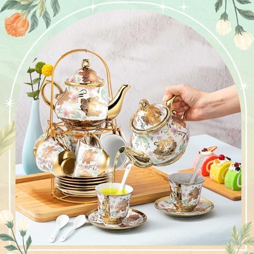 Zhehao 20 Pcs Porcelain Tea Set for Adult, with Metal Holder, Elegant - Image 4