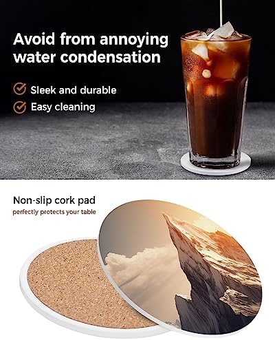Coasters for Drinks Set of 6 with Holder, Mountains Natural Landscape Alps Ceramic Cup Mat, Absorbent Ceramic Stone Coasters with Cork Base for Coffee, Cups, Wooden Table, Home Decor 4 Inch - Image 5
