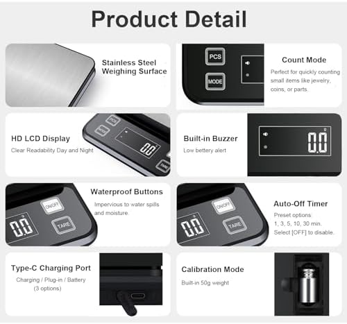 Waterproof Digital Kitchen Scale 0.1g/0.001oz Precision, Stainless Steel Electronic Scale with 3 Power Options (Rechargeable/AAA/Built-in), 10 Units Conversion, Smart Standby, 5kg/11lb Capacity - Image 7