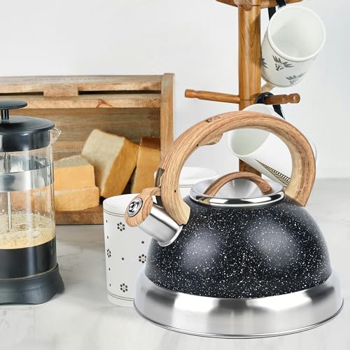 3 Quart Stainless Steel Whistling Tea Kettle – Natural Stone Finish Teapot with Cool-Touch Wood Handle, Loud Whistle & Rust-Resistant Base(black) - Image 2