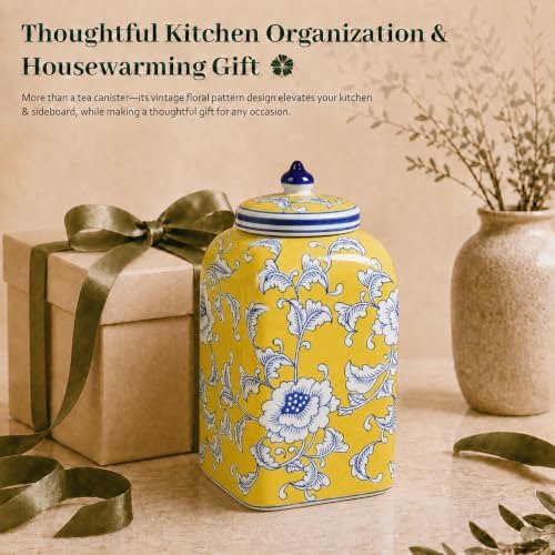 12.5" H Ceramic Kitchen Canisters for Countertop, Tea & Coffee Bean Storage Canister with Airtight Lid, Hand-painted Chinoiserie Decor Ginger Jar for Home Decor, 155 fl oz - Yellow Peony - Image 7