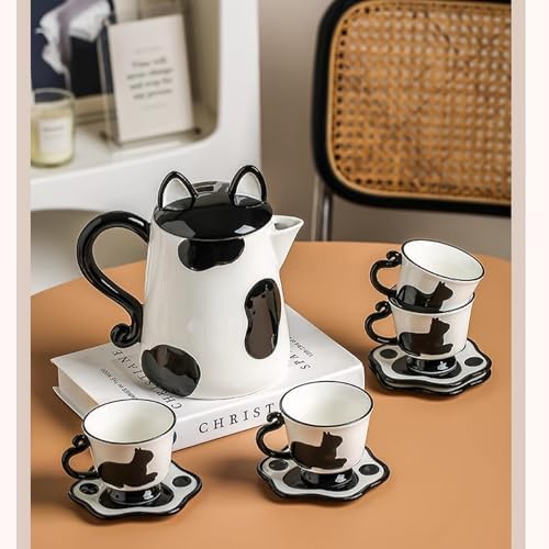 Porcelain Tea Set(1 Pot 4 Cups), Afternoon Tea Set, Suitable for Birthdays, Mother's Day, Christmas (Black Cat) - Image 2