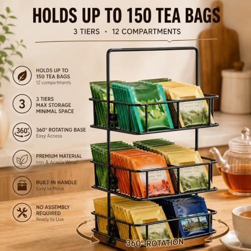 3 Tier Rotating Tea Bag Organizer Iron & Acacia Wood 360°Spinning Carousel - Image 3
