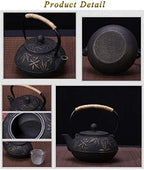 tetsubin Cast iron Tea Kettle workshop Healthy japanese flower pattern Teapot with Stainless Steel Infuser（30.4oz） (30.4 oz, red bamboo leaves) - Image 5