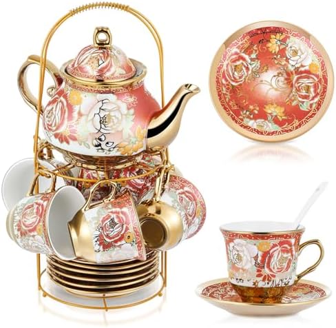 Zhehao 20 Pcs Porcelain Tea Set for Adult, with Metal Holder, Noble by Zhehao
