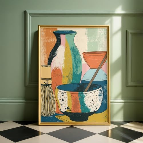 Matcha Tea Set Wall Art, Colorful Abstract Kitchen Print with Bowl, Whisk and Vases, Mid Century Boho Decor - 24x32 in (60x80 cm) - Image 6