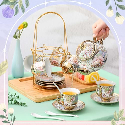 Zhehao 20 Pcs Porcelain Tea Set for Adult, with Metal Holder, Rustic - Image 3