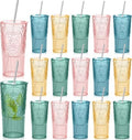 16 Set Vintage Tumbler with Lid and Straw, Iced Coffee Cup, Mixed Color by Acellegic
