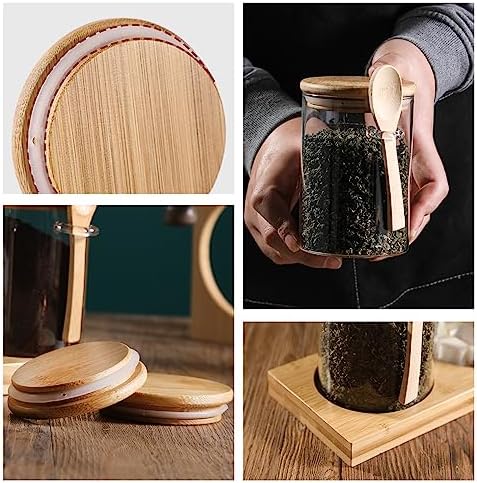 Glass Spice Storage Container with Spoon, 3PCS 20oz Airtight Sealed Condiment Jar with Tray, Kitchen Pantry Seasoning Canister Set for Salt Coffee Sugar Tea & Bathroom Cotton Swab Ball - Image 5