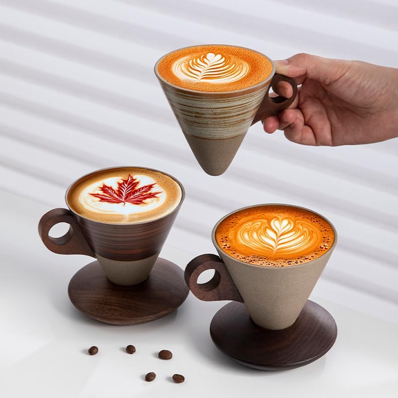 Farm Vintage Funnel Coffee Cups Set 7 Oz Ceramic Latte Mug With Saucer,Khaki Brown Espresso Cups, Cappuccino Cups,Tea Cup with Wooden Saucer and Handle Set CM08 - Image 7