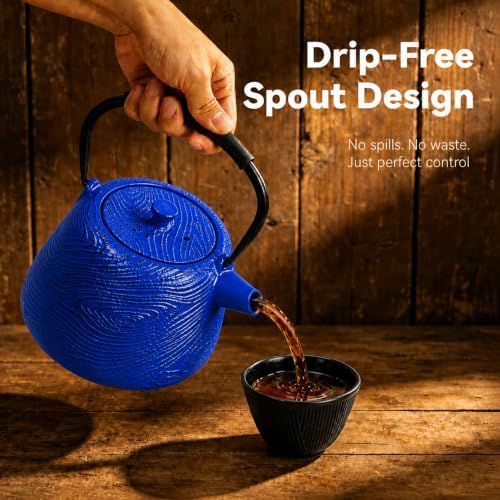 Cast Iron Teapot 34 oz (1000 ml) with Infuser, Water Wave Design, Blue - Image 6