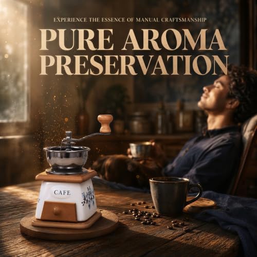 Manual Vintage Ceramic Burr Coffee Grinder with Wooden Base and Drawer, Mini Coffee Grinder with Stainless Steel Bowl, Floral Cafe Pattern, Hand Crank Style for Home Kitchen, Travel, Office - Image 4
