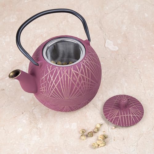 Creative Home Cast Iron Kyusu Teapot with Removable Stainless Infuser Basket, Rust-Resistant Interior Coating and Heat-Retaining Build, Elegant Japanese-Style Tea Ritual Gift, 34 oz, Gold/Purple - Image 4