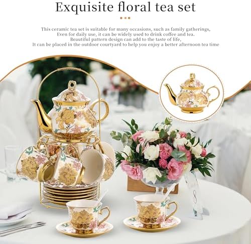 20 Pieces Porcelain Tea Set With Metal Holder, European Ceramic tea set for adults,Flower Tea Set,Tea Set For Women With Flower Painting - Image 4