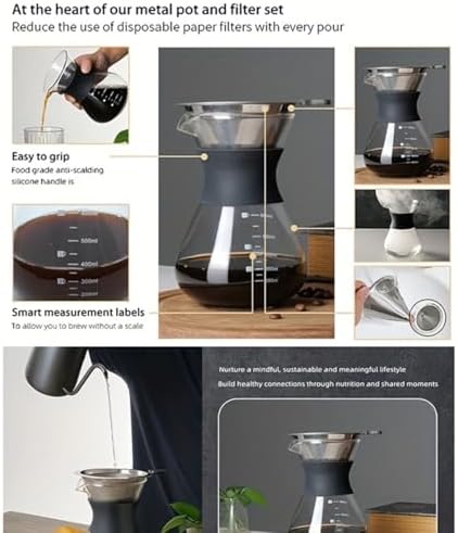 2PCS Pour Over Coffee Maker with Stainless Steel Filter, Glass Coffee Maker Drip Pot with 100pcs Filter Paper, Reusable Glass Coffee Pot Manual Coffee Dripper Brewer for Cafetera, Coffee (2PCS 600 ml) - Image 6