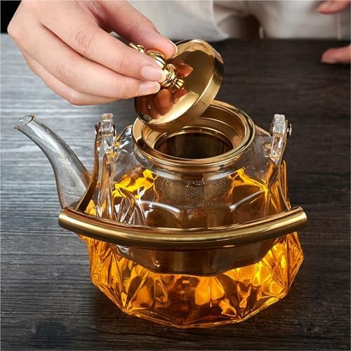 Glass Teapot 1L Glass Teapot With Removable Infuser Filterable Household Heat-resistant Steamed Tea Brewed Transparent for Loose Tea(Copper handle transp) - Image 7