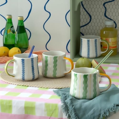 Striped Ceramic Coffee Mug Set of 4 (16oz) - Handmade Look Tea Cups with Yellow/Green Handles, Microwave Safe, Durable Daily Drinkware by DelightsGalore