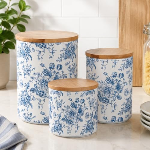 AnyDesign Chinoiserie Floral Ceramic Kitchen Canisters Sets Vintage Blue Flower Clear Storage Jar with Airtight Lids for Home Kitchen Countertop Decor Flour Sugar Tea Spice Container, Set of 3 by AnyDesign