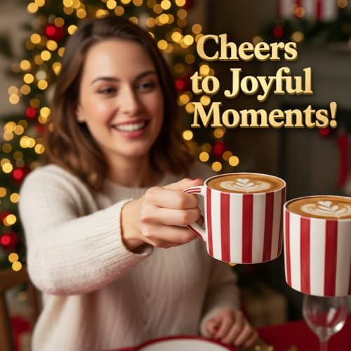Festive Red and White Striped Ceramic Coffee Mug and Saucer Set, 200ml Latte & Tea Cup Gift for Holidays (Black) - Image 3
