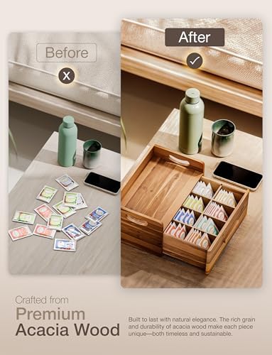 TINAMO Acacia Wooden Tea Box Organizer with Drawer for Tea & Coffee Storage - Image 4
