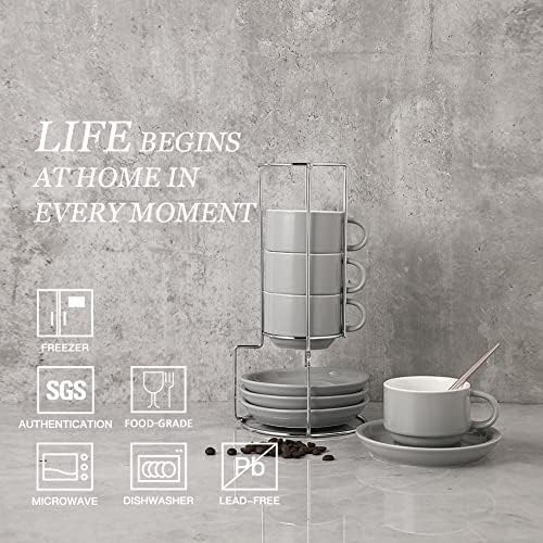 Sweejar Porcelain Espresso Cups with Saucers, 4 Ounce Stackable Cappuccino Cups with Metal Stand for Coffee Drinks, Latte, Tea - Set of 4 (Gray) - Image 2