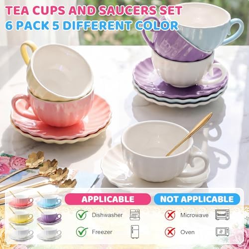Set of 6 Tea Cups and Saucers Tea Party Decorations 5.4 oz British Cappuccino Cups with Saucers Floral Napkin Gift for Women Birthday Party Church Mother's Day - Image 3