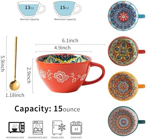 Boho Coffee Mug Set of 4 with Coffee Spoon, Ceramic Large Cups 15 oz/ 450ml, Porcelain Cups for Latte, Tea, Cappuccino, Cocoa, Soup, Dishwasher Microwave Safe, Gift Set Bohemian Style - Image 2