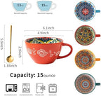 Boho Coffee Mug Set of 4 with Coffee Spoon, Ceramic Large Cups 15 oz/ 450ml, Porcelain Cups for Latte, Tea, Cappuccino, Cocoa, Soup, Dishwasher Microwave Safe, Gift Set Bohemian Style - Image 2
