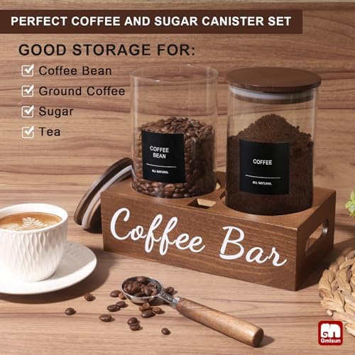 gmisun Coffee Canister, 2 Pack 50 Fl oz Glass Canisters with Airtight Lids, Coffee Grounds Storage Container Jars with Scoop/Shelf/Labels, Sugar/Tea Storage Holder Containers for Cafe Bar/Station - Image 2