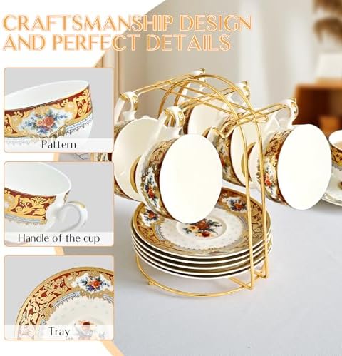 Luxury White & Gold Embossed Tea Cups and Saucers with Teapot, Sugar Bowl, & &Creamer, Vintage European Porcelain Coffee Set for Tea Party, Wedding, Gift (Red&Gold, 17pcs/set) - Image 6