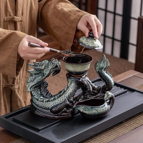 Ceramic Teapot with Infuser Semi Automatic Tea Set Magic Teapot with 8 cups Gradient Color (Gradient Dragon- A) - Image 3