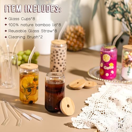 NETANY [ 8pcs Set ] Drinking Glasses with Bamboo Lids and Glass Straw - 16oz Glass Cups, Beer Glasses, Iced Coffee Glasses, Cute Tea Cup, Ideal for Cocktail, Whiskey, Gift - 2 Cleaning Brushes - Image 2