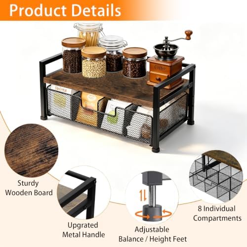 Tea Bag Organizer, Wooden Tea Box with Drawer and Top Tray, Rustic Brown - Image 5