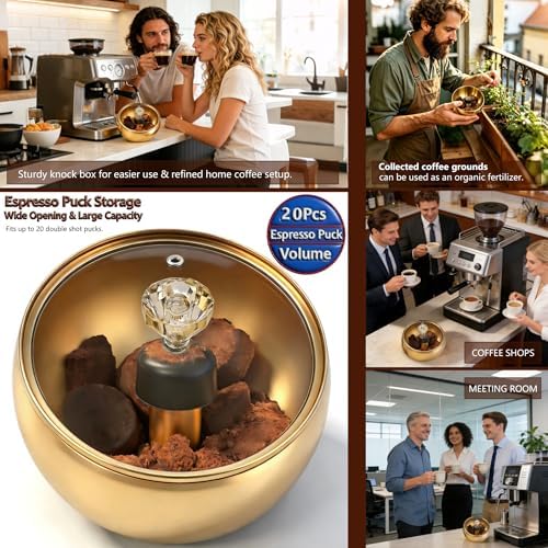 Upgraded 2L Espresso Knock Box with Glass Lid, Magnetic Knock Bar, Gold - Image 4