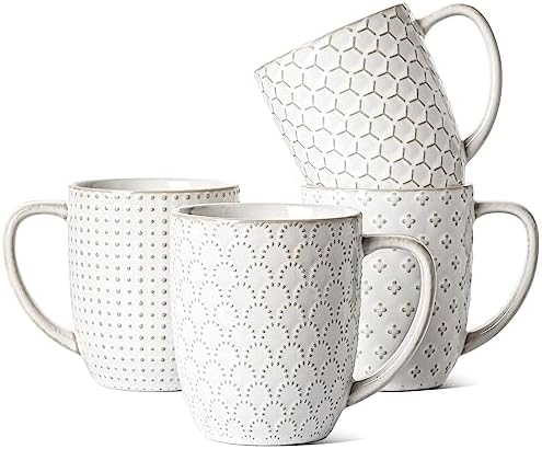 LE TAUCI Ceramic Coffee Mugs Set of 4, 16 oz, Embossed, Arctic White by LETAUCI