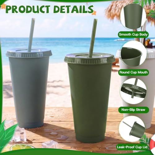 24 Pack Plastic Tumblers with Lids and Straws, Reusable Cups with Lids Plastic Colorful Cups for Parties Birthdays, Iced Coffee Cup Cold Drink Cups Bulk Tumblers (24 oz, Gradient Sage Green Colors) - Image 4