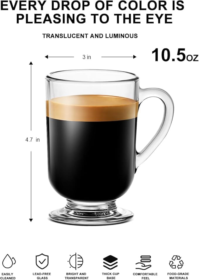 Glass Coffee Mugs Set of 4 – 310ml Latte Cups | Clear Glass Mugs with Handles for Coffee, Tea, Cappuccino, Latte, Milk, Juice & Hot Chocolate - Image 3
