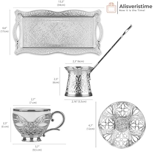 Alisveristime Busra Gold Rim Coffee Set with Coffee Pot, 2 Cups (Silver) - Image 3